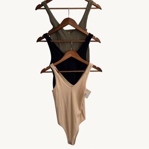 Set of 3 Ribbed V-Neck Bodysuits - Black, Olive, and Tan Size S/M